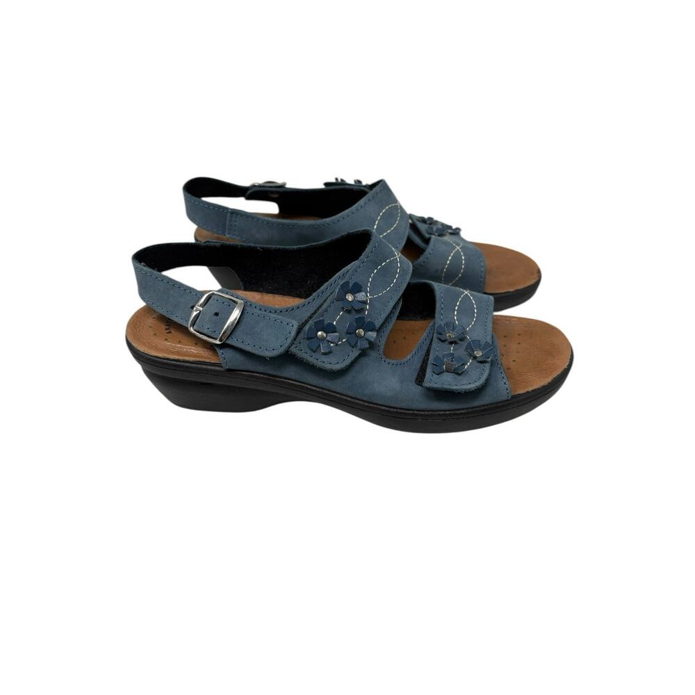 Spring Step Ceri Blue Leather Comfort Sandals w/ Floral Accent EU 38 US 7.5-8